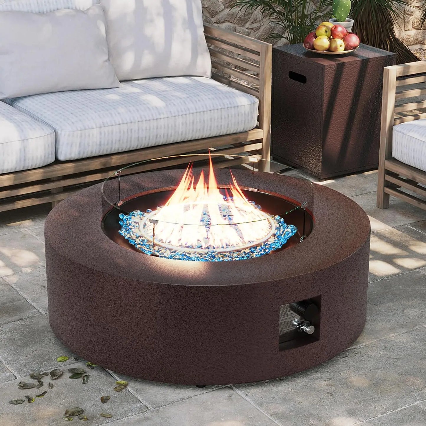 42-inch Outdoor Propane Gas Fire Pit Table 50000 BTU Iron Round Firepit for Outside Patio with Tank Hidden Table, Wind, Custom