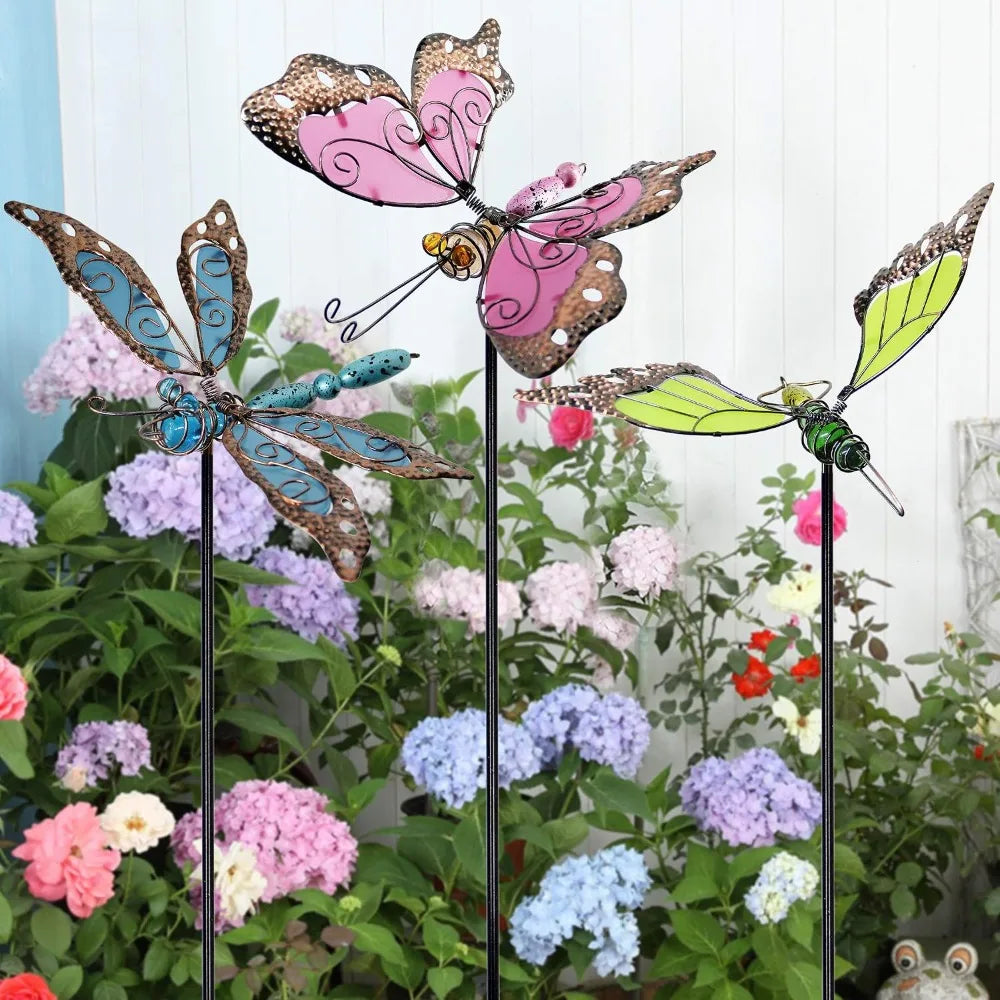 Glow Metal Garden Stakes Butterfly Dragonfly Hummingbird Set of 3