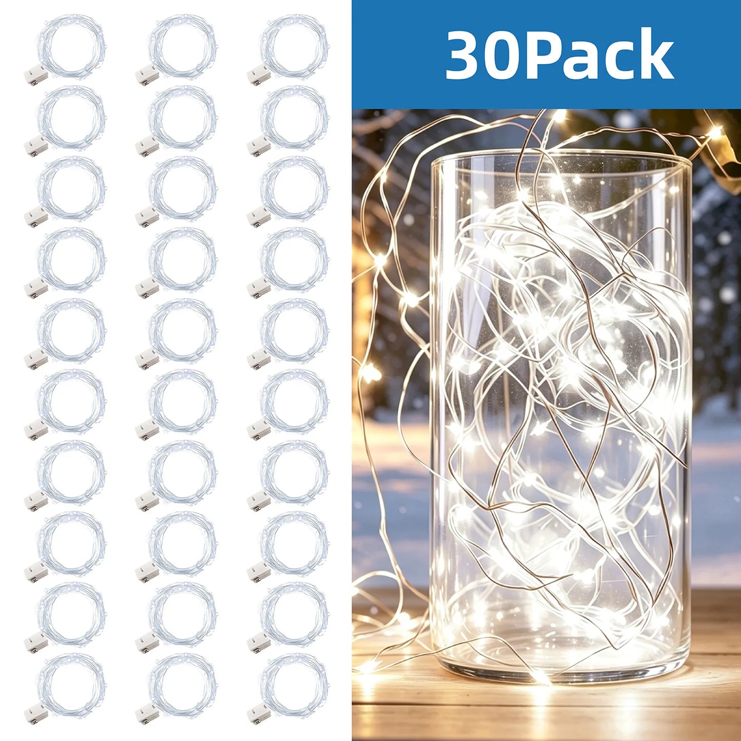 30 Pack LED Fairy Light Battery Powered String Light -6.5-foot 20 LED Silver Line Firefly Star Moon Light, Suitable for DIY Handmade Wedding Table Decoration, Party Bedroom Christmas Decoration, Room Decoration Christmas Deco