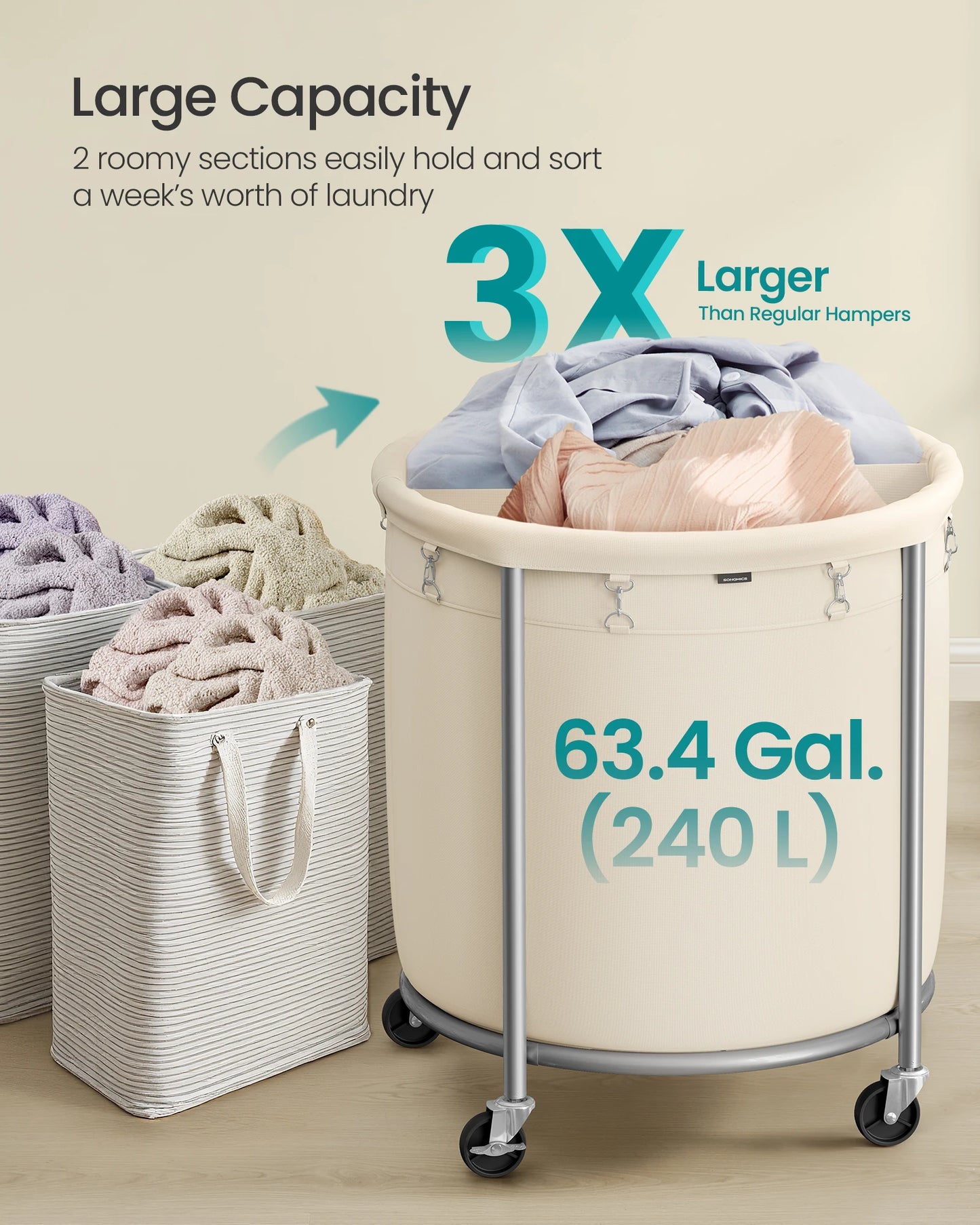 SONGMICS Heavy Duty Rolling Laundry Hamper With Wheels