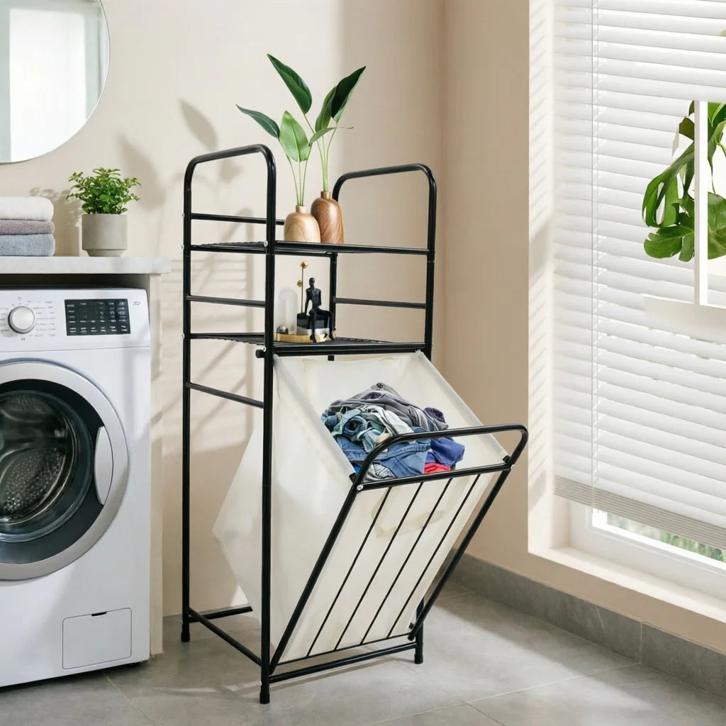 Tilt Out Laundry Hamper With Shelves And Removable Liner Bag