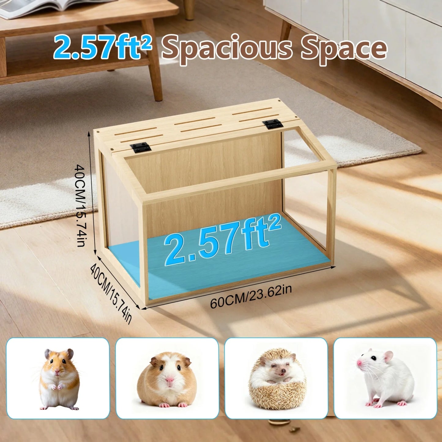 60/80/100/CM Hamster Cage Chewproof Wooden Guinea Pig Cages Habitat House Tempered Glass Panels Built-in LED Light for Small Pets