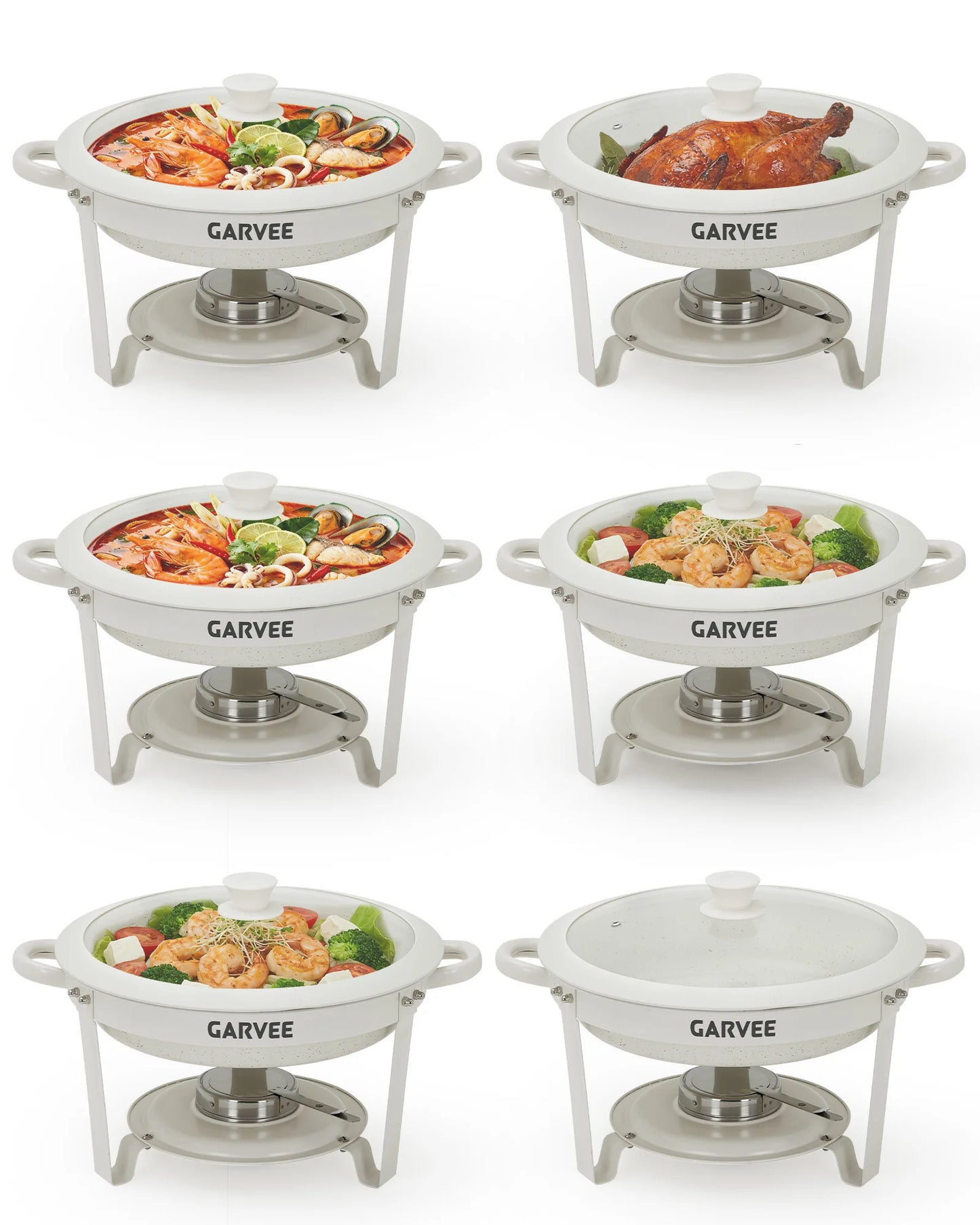 5.3QT Round Chafing Dish Set Natural Maifanite NonāStick Coating, Keep Warm & Cold, Stackable Foldable Frame, AntiāScald Handle Glass Lid for Buffet Wedding Party Catering Supplies
