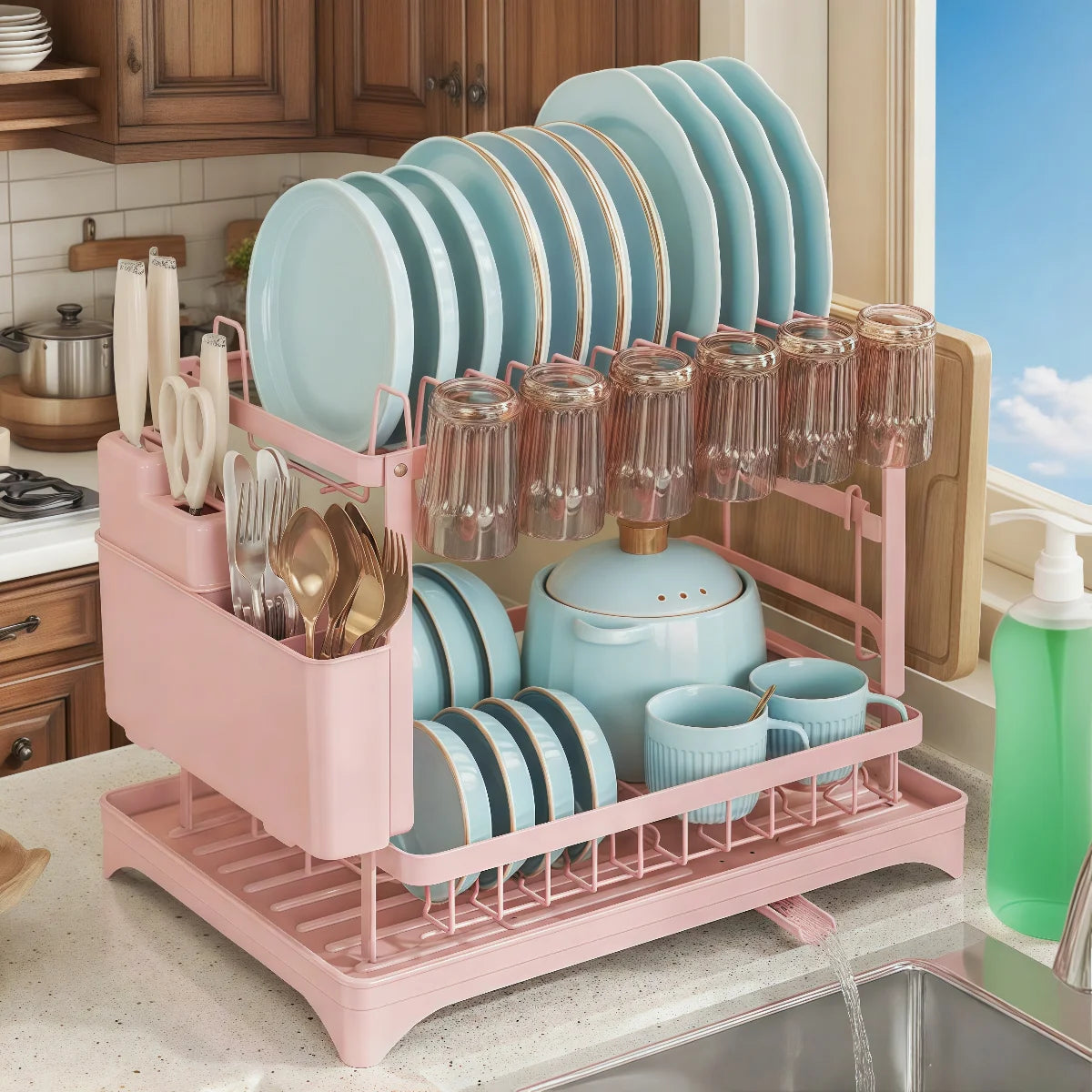 Rustproof 2-Tier Space-Saving Dish Rack With Drainboard Utensil Cup Holder