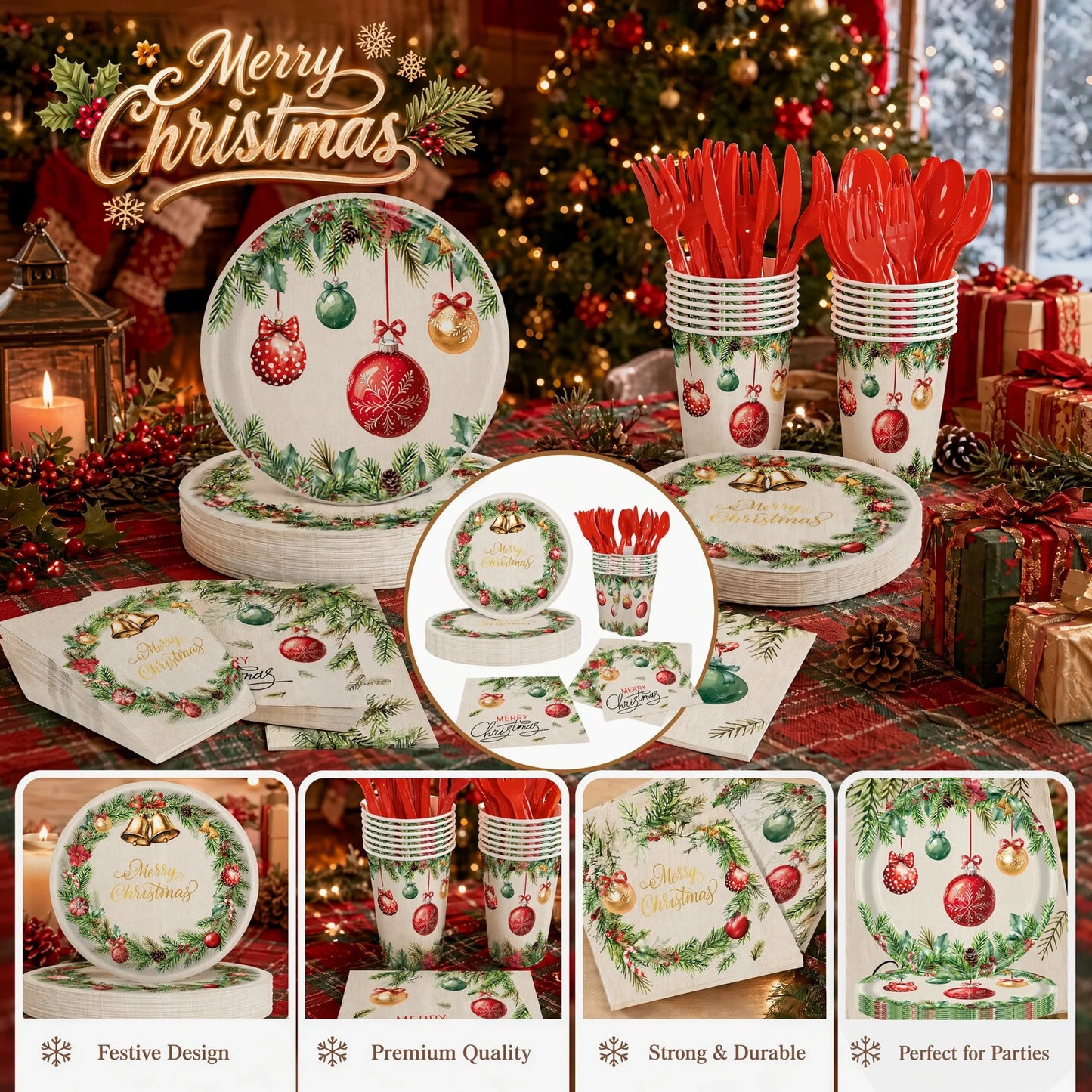`Christmas Party Supplies Set, 350 Pcs Disposable Dinnerware Set with Plates Cups Napkins Cutlery for 50 Guests`