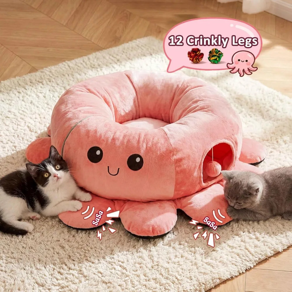 Cat Tunnel Bed with 20 Cat Toys, Collapsible Play Tunnel for Indoor Kittens, Octopus Shaped