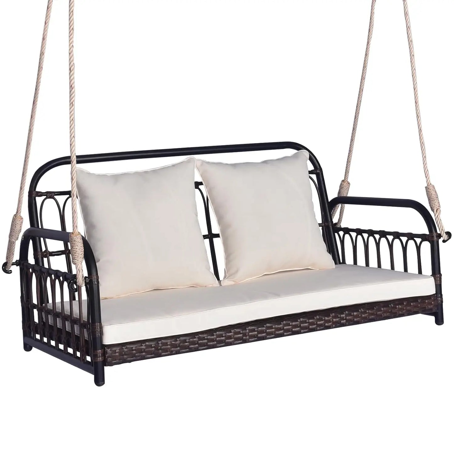 Outdoor Wicker Porch Swing, 2-Person Hanging Seat with Seat & Back Cushions, Heavy-Duty Metal Frame & 2 Sturdy, Customized