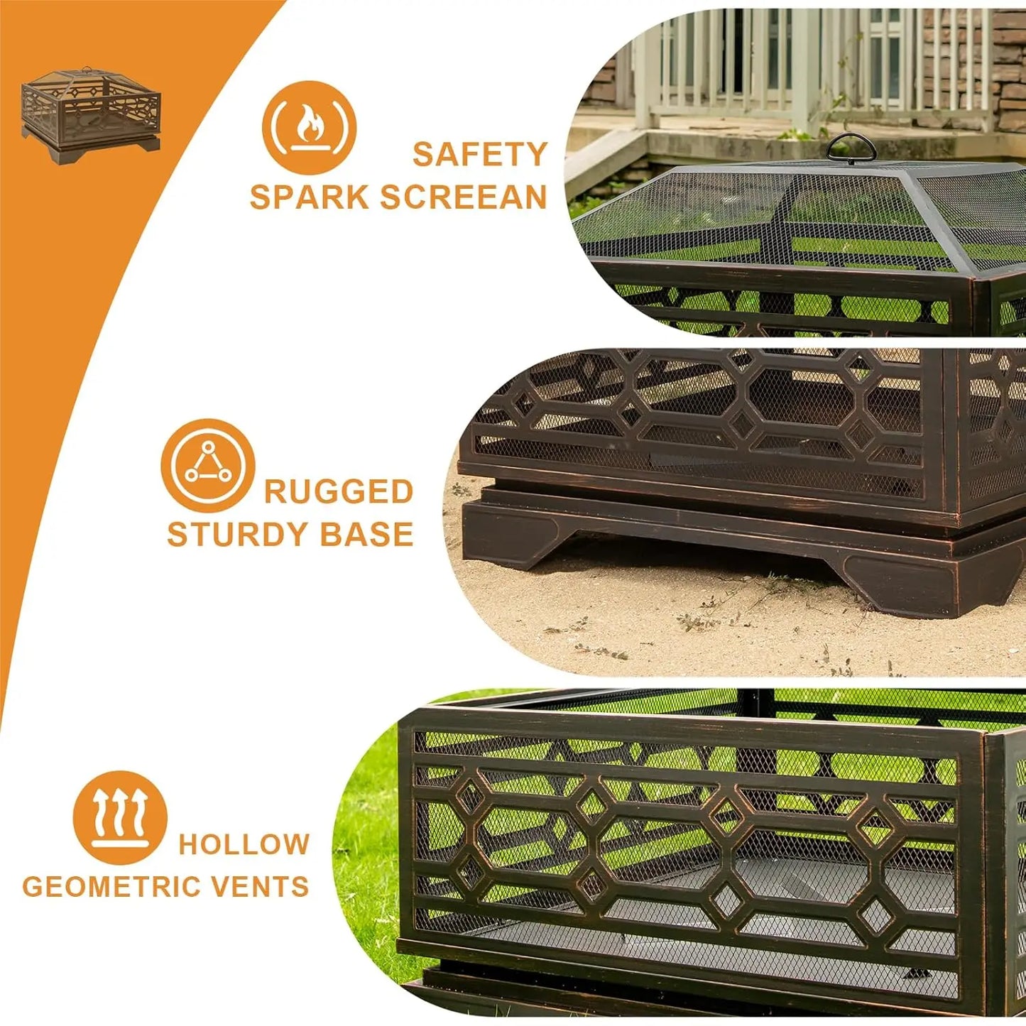 Outdoor Wood Burning Fire Pit Square Metal With Mesh Cover