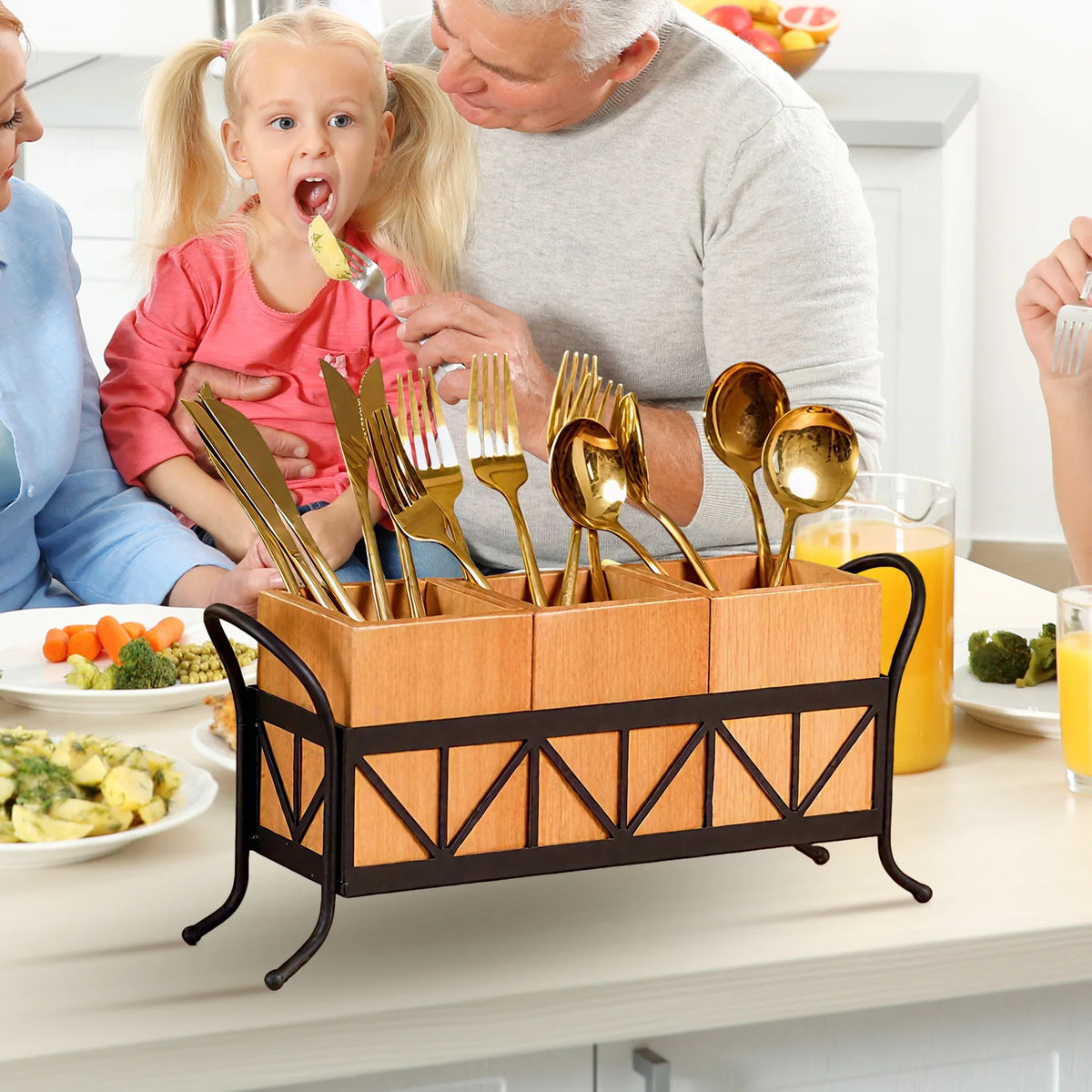 3 Compartment Bamboo Utensil Holder, Detachable Cutlery Organizer with Black Metal Rack for Kitchen Countertop