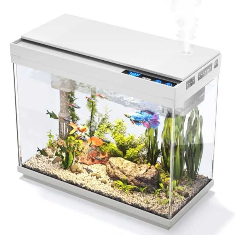 Fish Tank, 2.4 Gallon Fish Aquarium, Fish Tank Starter kit with Smart Humidifier, Temperature Display, 7-Color Lighting, 3 in 1
