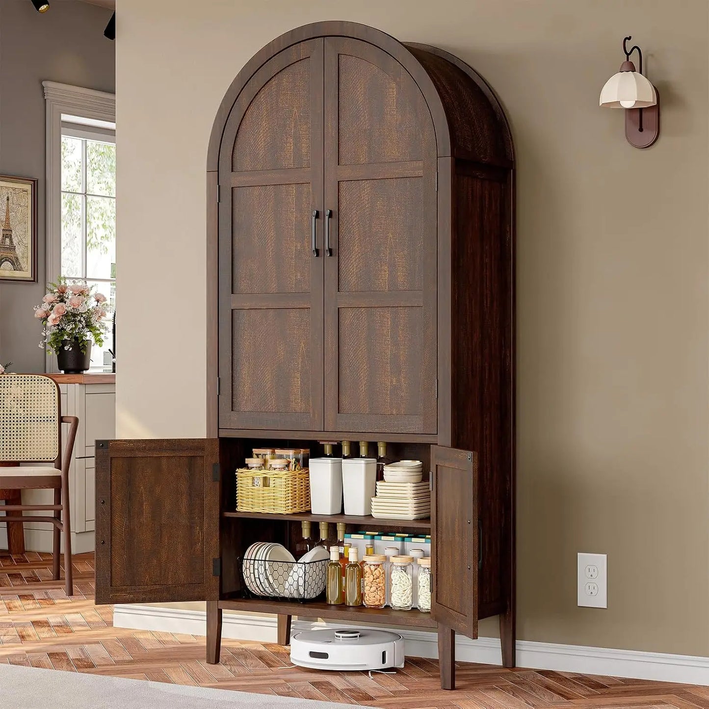 71" Tall Farmhouse Arched Pantry Cabinet, 5-Tier Wooden Storage w/Adjustable Shelves & Feet, Kitchen Cabinet w/Doors for Dining Room Organization