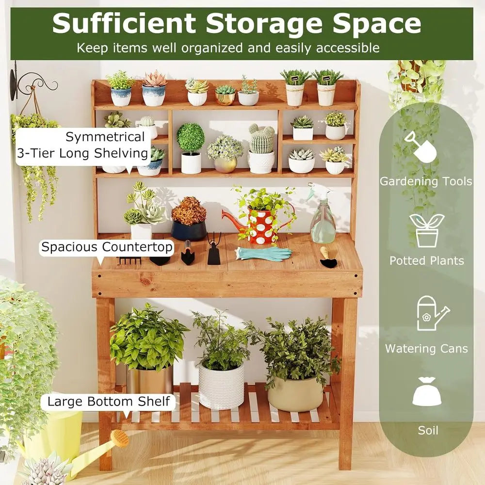 Potting Bench Table, Outside Solid Wood Gardening Table with lip-up Tabletop, Storage Shelves, Indoor Outdoor Wooden Workstation