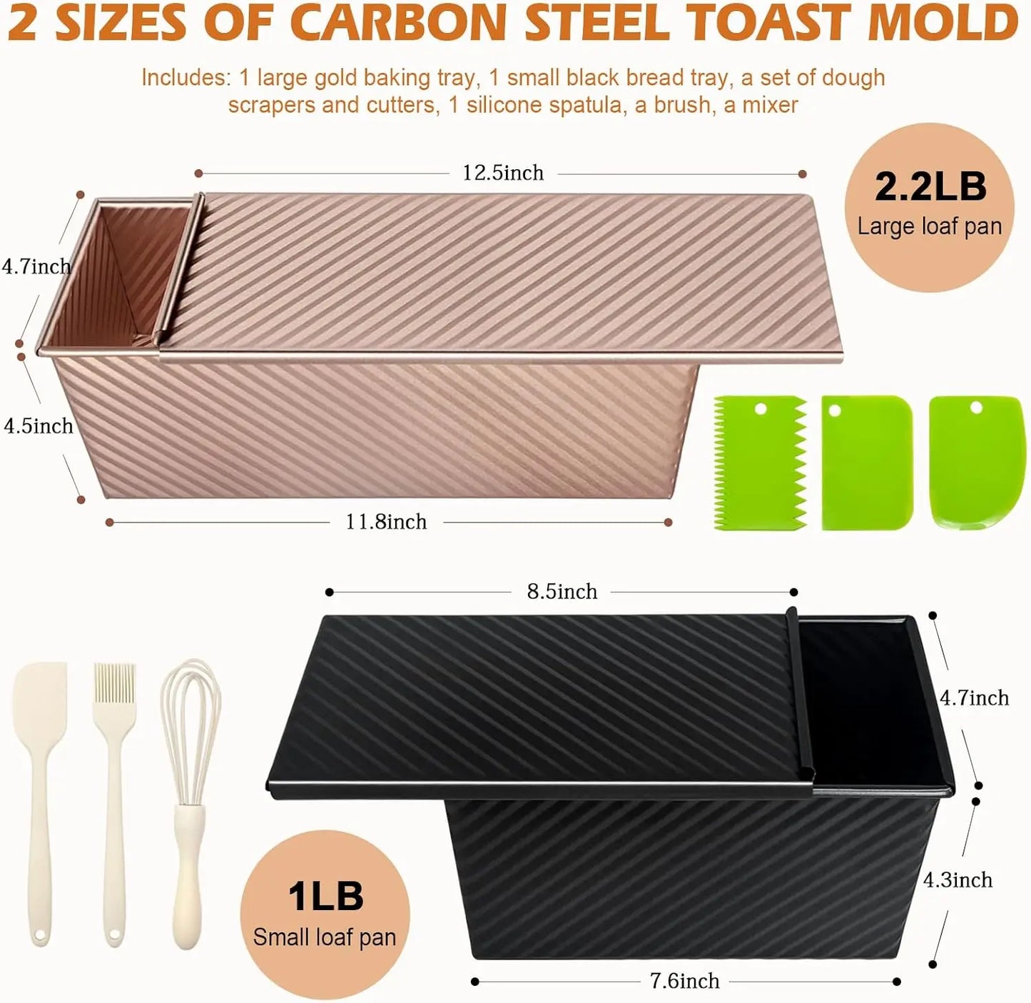`Professional Pullman Loaf Pan Set, Carbon Steel Non-Stick Bread Mold with Sliding Lid and Baking Tools for Homemade Toast`