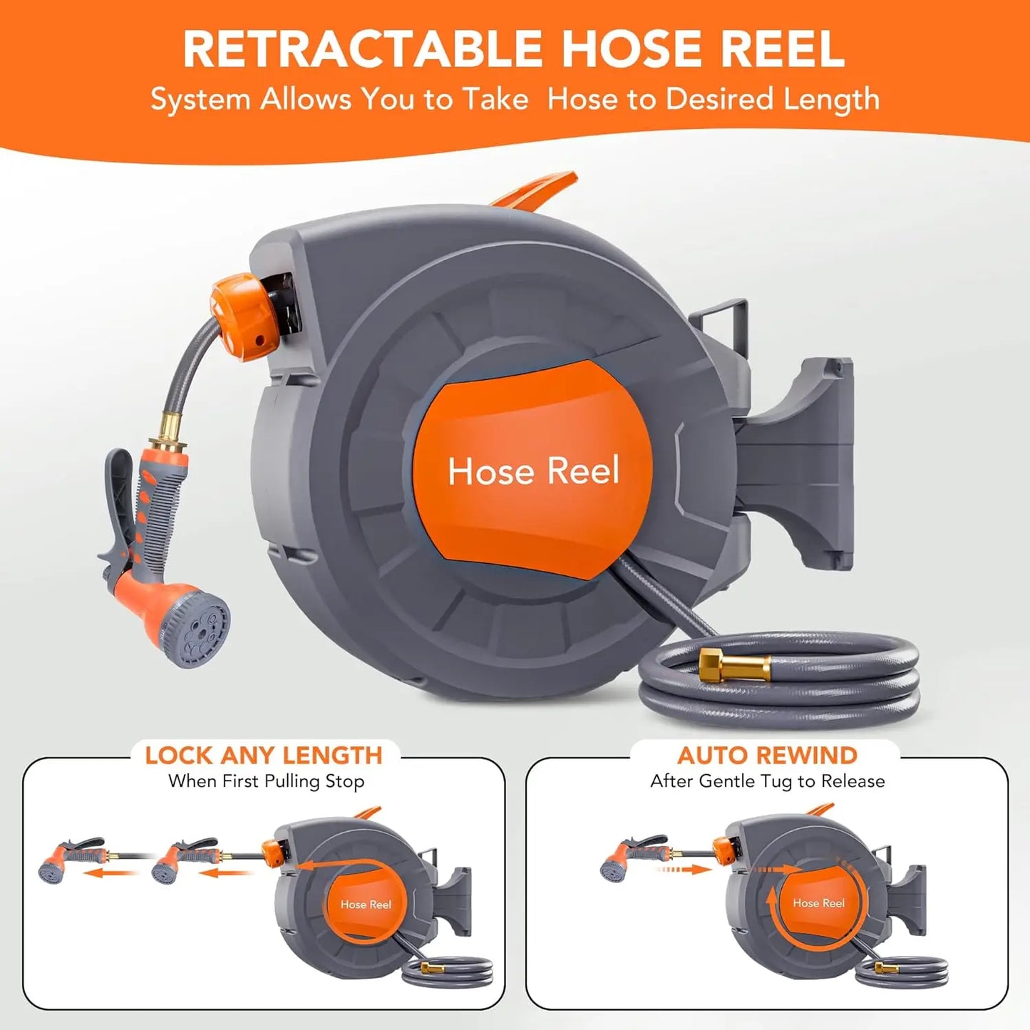 Water Hose Reel with Automatic Rewind, Retractable Garden Hose with Any Length Lock,1/2 in x 65 ft Retractable Garden Hose Reel with 9 Function Sprayer