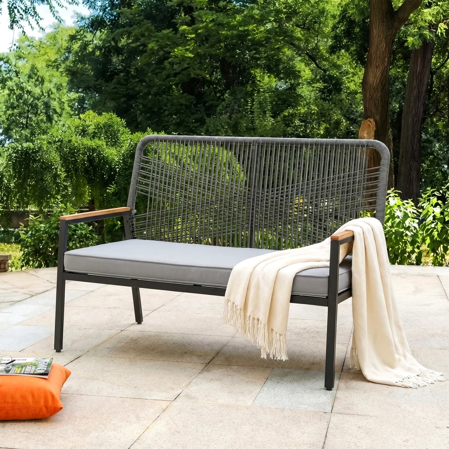Modern Rattan Patio Loveseat With Cushion And Metal Frame