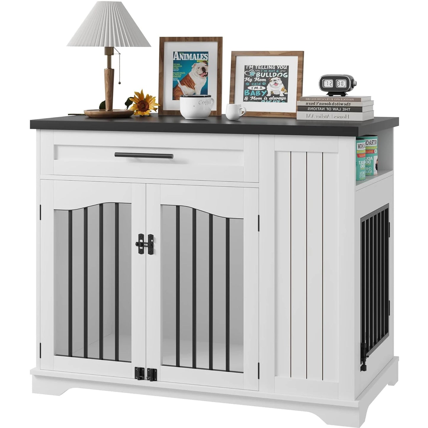 HiMISS Furniture Style Wooden Dog Crate With Feeding Station