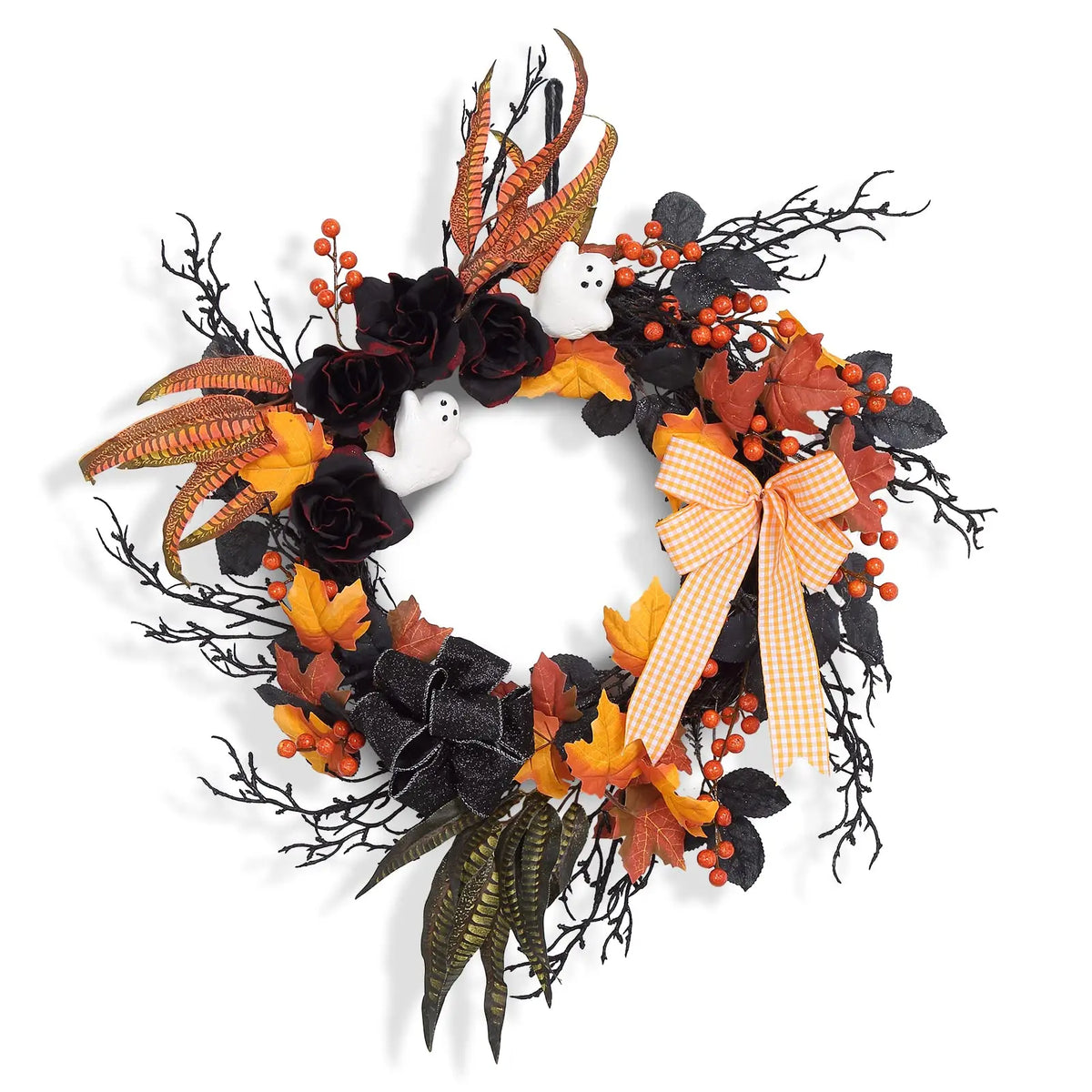 Halloween Ghost Wreath With Orange Ribbon, Maple And Black Feathers