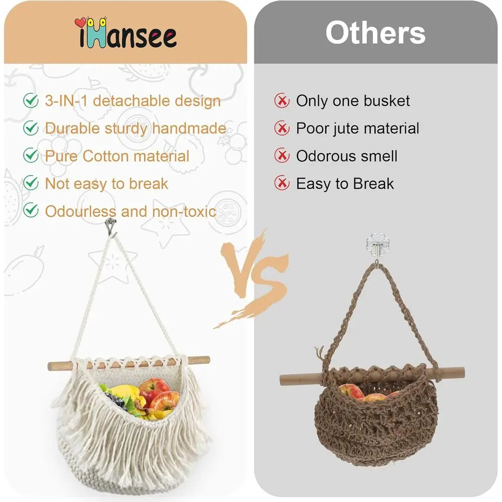 Hanging Baskets, 3 Tier Detachable Wall Hanging Fruit Basket Over the Door Organizer, Fruit Vegetable Plant, Boho Cotton Crochet