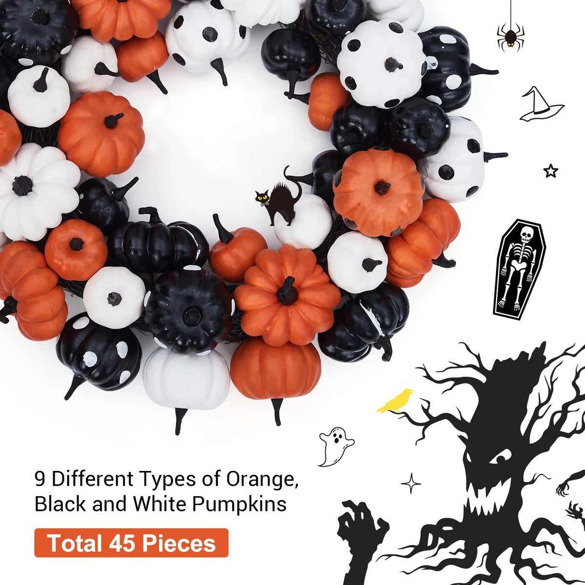 Halloween Pumpkin Wreath with Rattan Base for Fall Home Decor