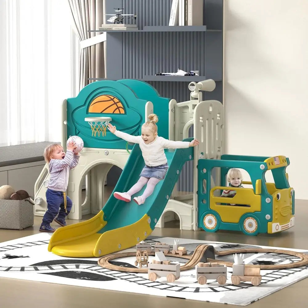 Bus Themed Toddler Playground Climber With Slide And Playhouse Indoor