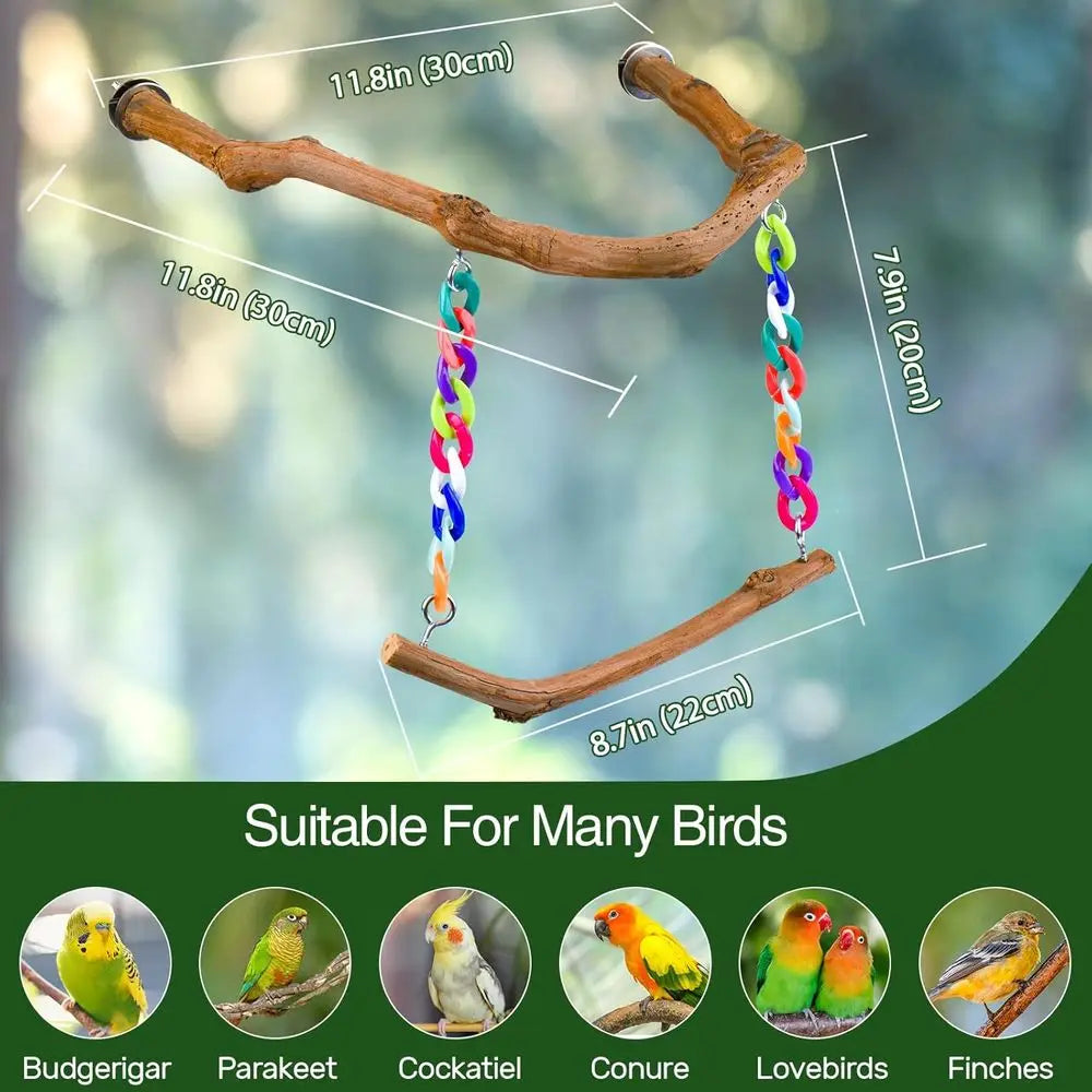 Standing Bird Perch with Natural Grape Wood, Hangable Birdcage Accessories, Birds Chewing Toy for Budgerigars, Parakeets, Cockat
