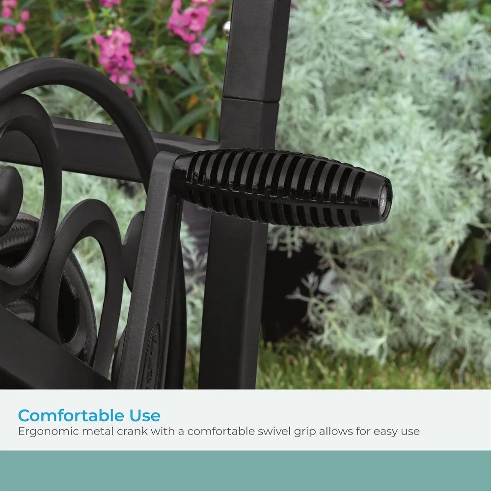 Stylish Garden Hose Reel Cart for 150ft Vinyl Hose, Flat-Free Wheels, Foot Caps, Easy Crank, Durable Steel