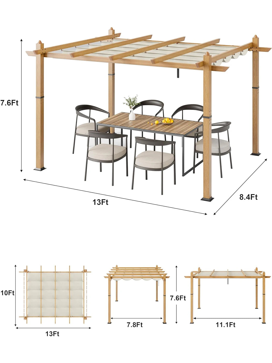HiMISS Outdoor Pergola With Retractable Canopy Faux Wood Grain Aluminum