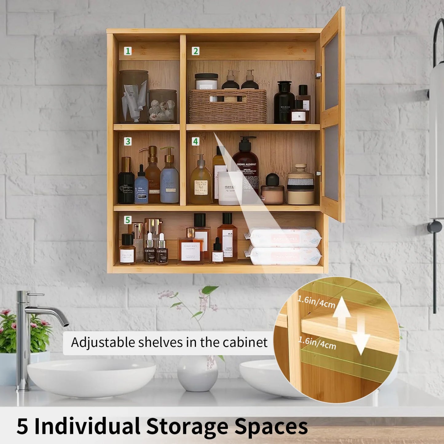 Bamboo Wall Cabinet Bathroom Storage Cabinet Wall Mounted for Entryway Kitchen Vanity Cabinet with Mirror Adjustable Shelf