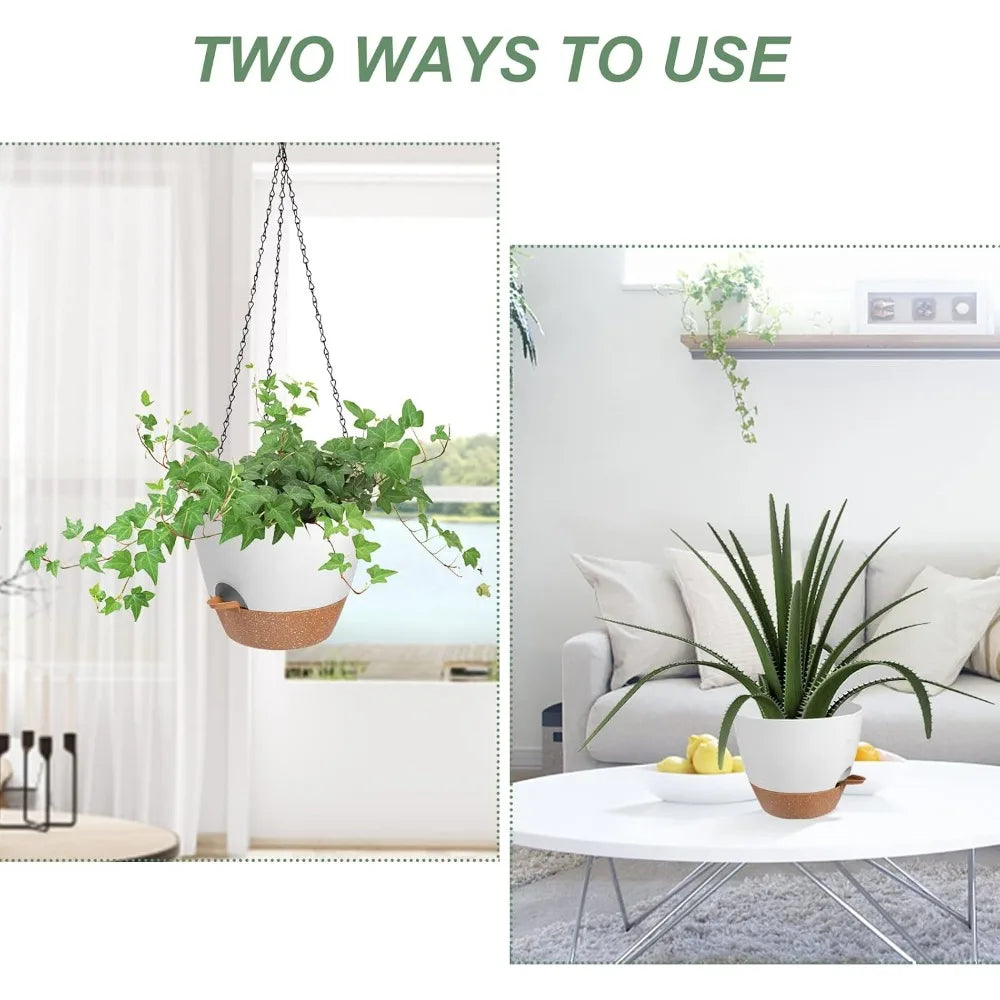 Self-Watering Hanging Planters 2-Pack, 6" White with Drainage & Removable Tray