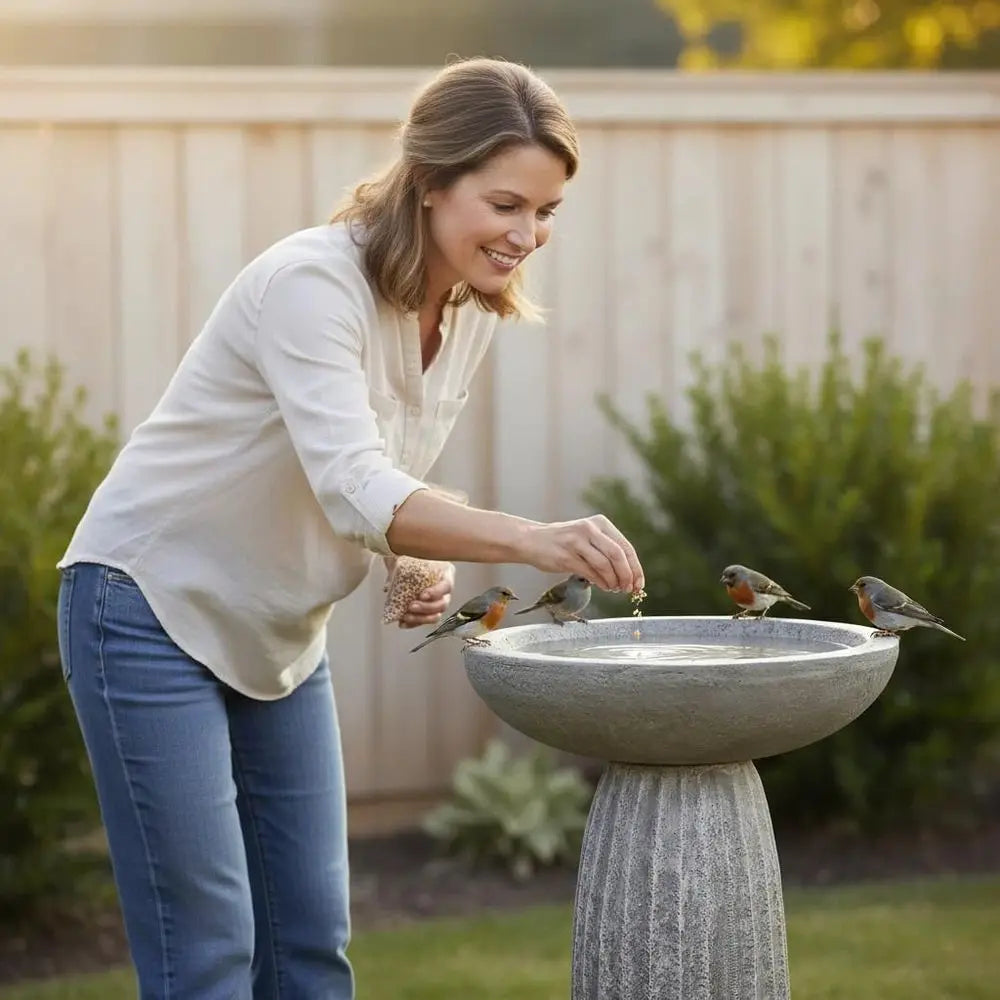 Fiber Reinforced Concrete Bird Bath With Textured Pedestal Outdoor Garden Decor