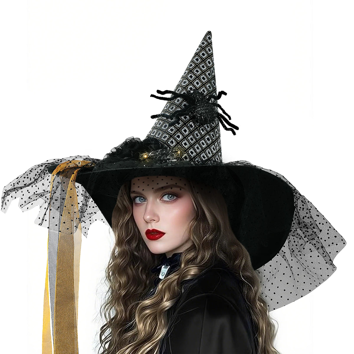 Women's Halloween Witch Hat with Lace, Feather and LED Decor