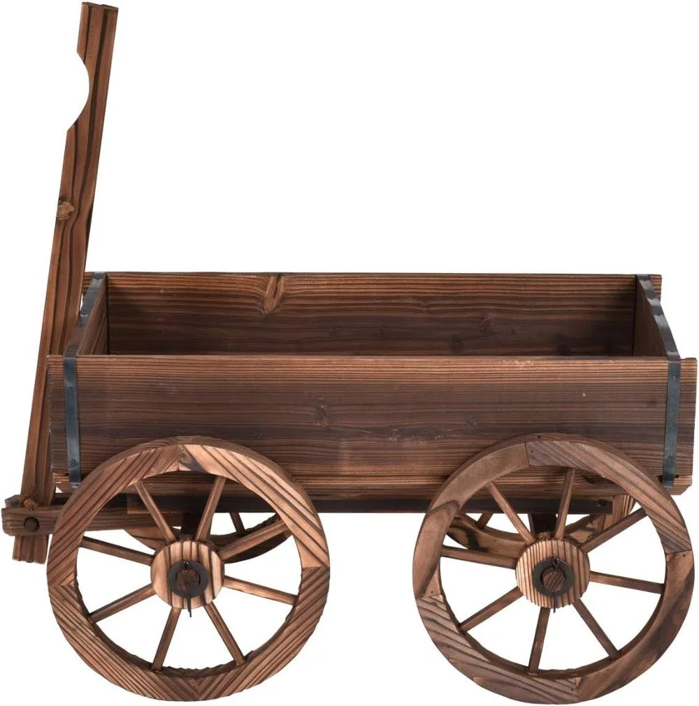 Wood Wagon Planter With Wheels Outdoor Flower Stand For Patio