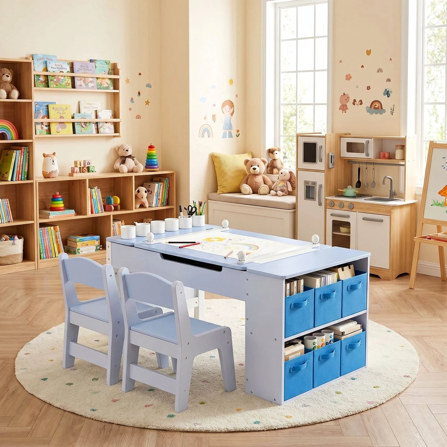 Modern Wooden Childrens Table With Storage And Two Chairs