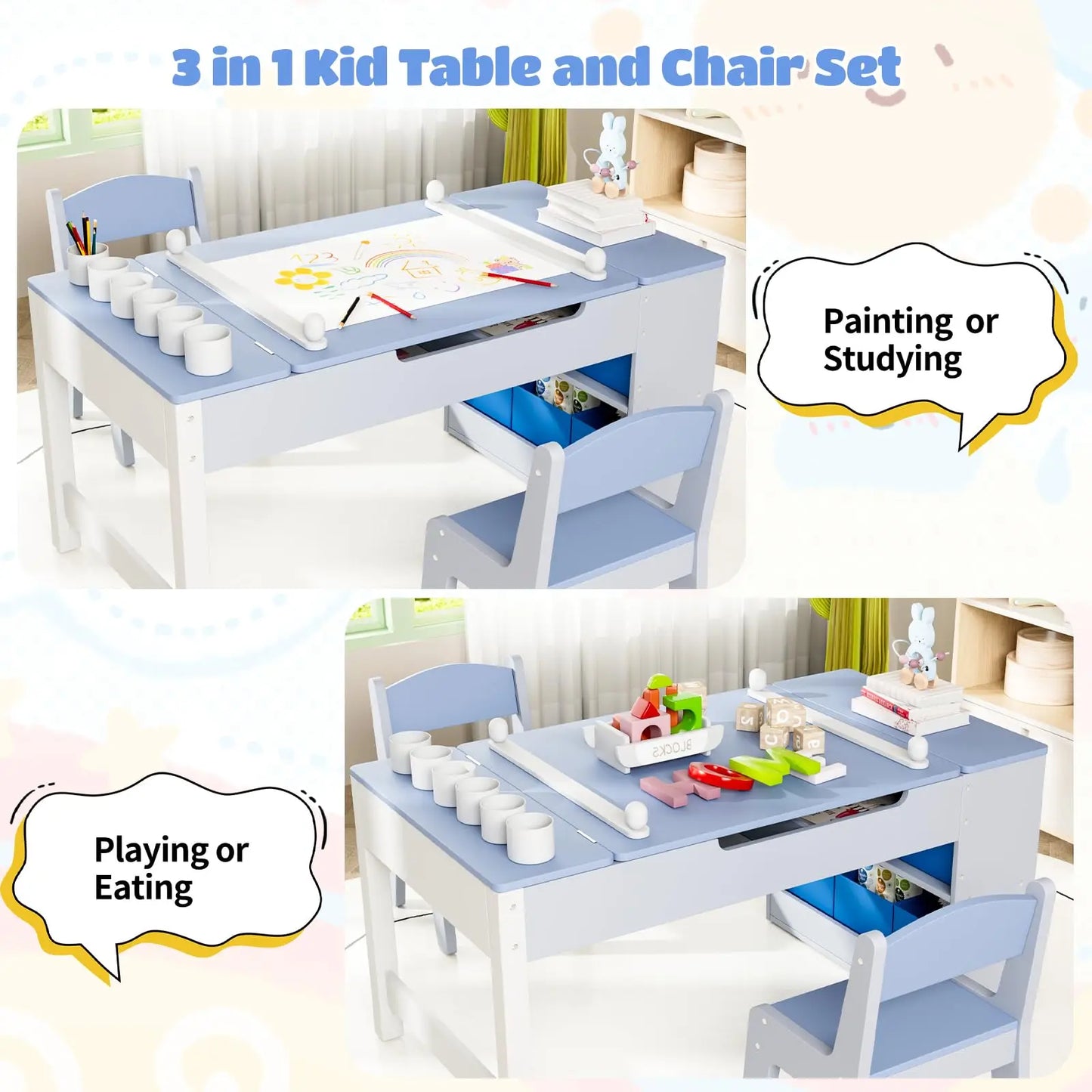 Modern Wooden Childrens Table With Storage And Two Chairs