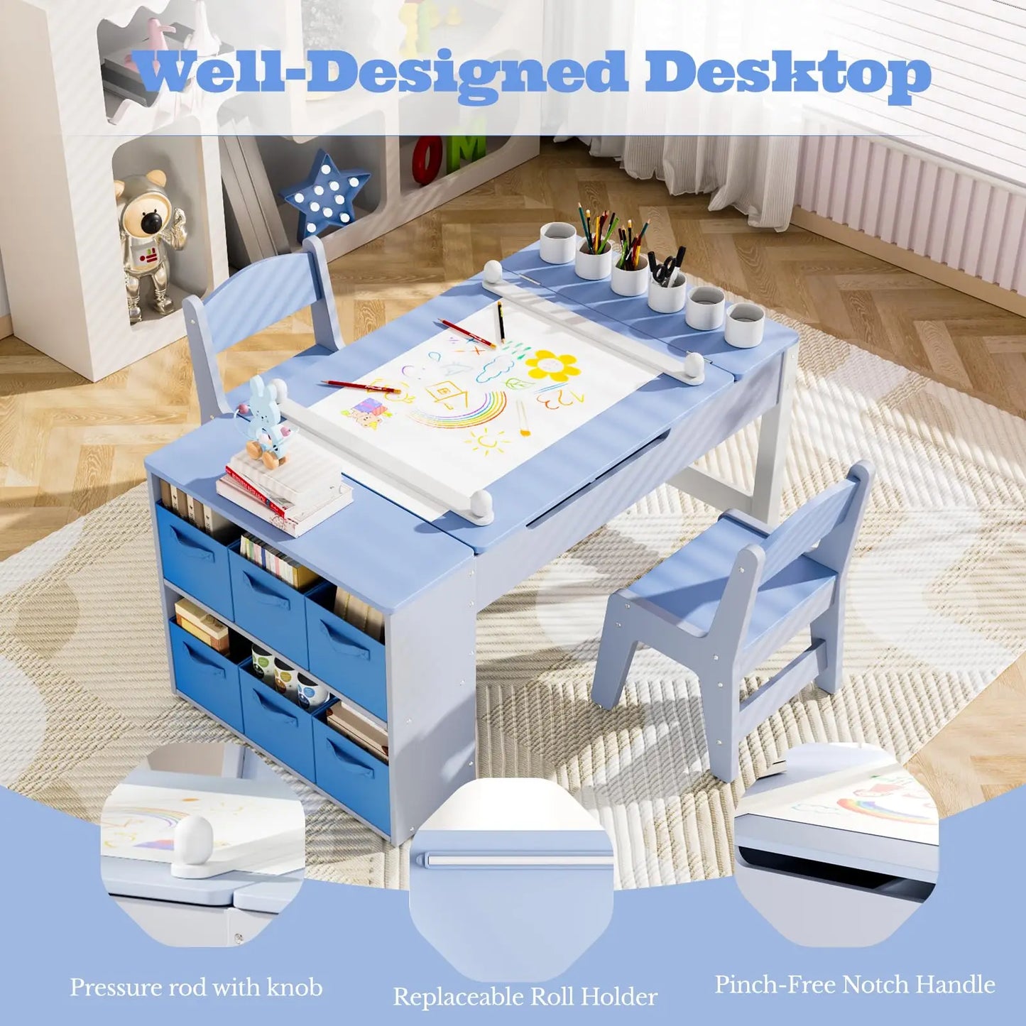 Modern Wooden Childrens Table With Storage And Two Chairs