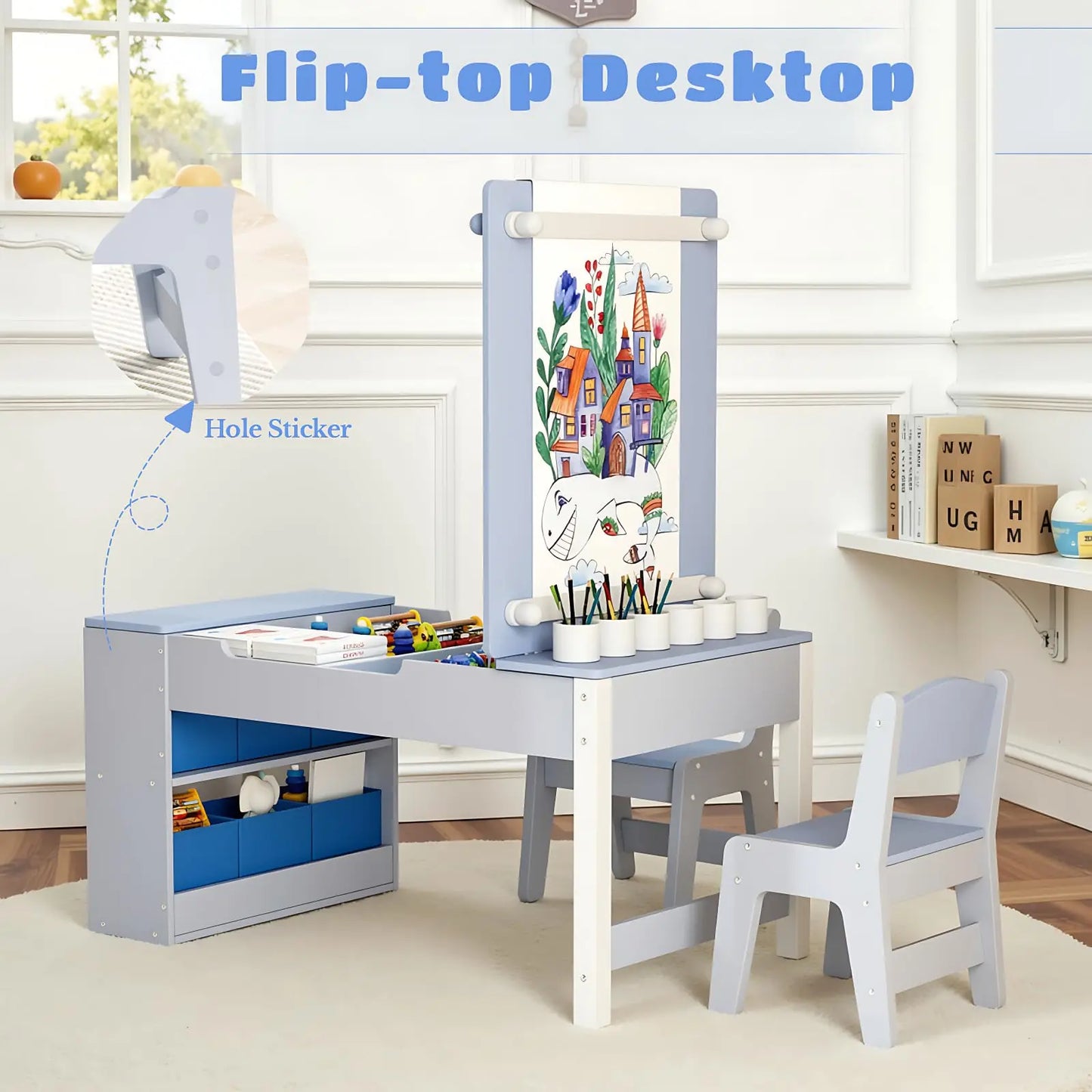 Modern Wooden Childrens Table With Storage And Two Chairs