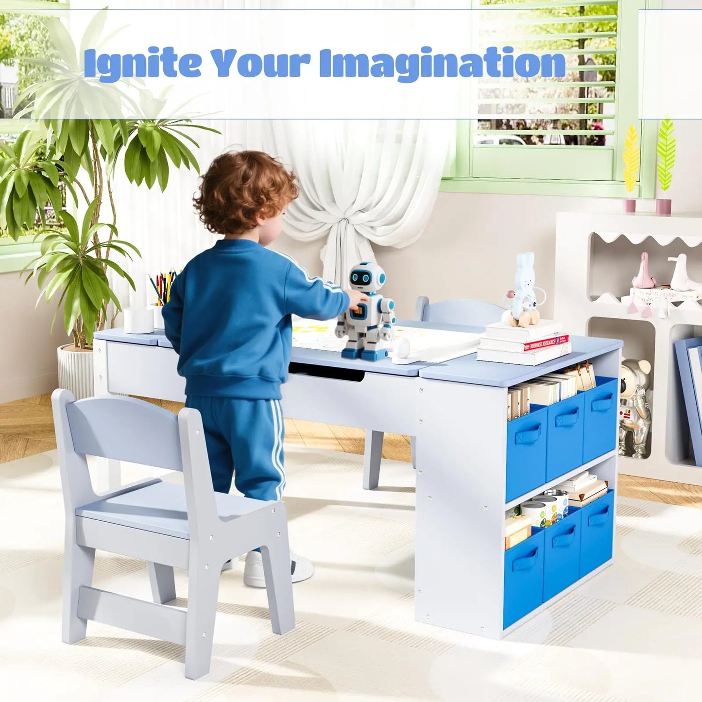Modern Wooden Childrens Table With Storage And Two Chairs