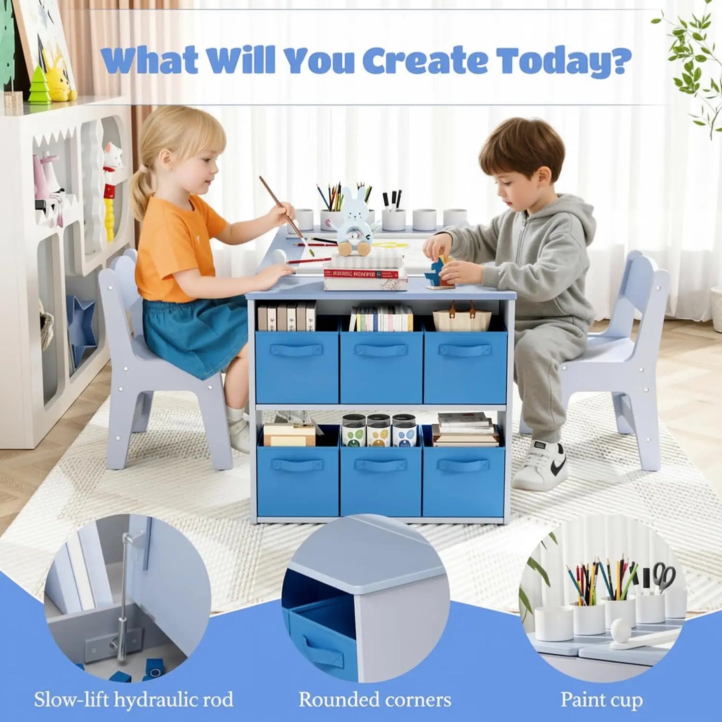 Modern Wooden Childrens Table With Storage And Two Chairs