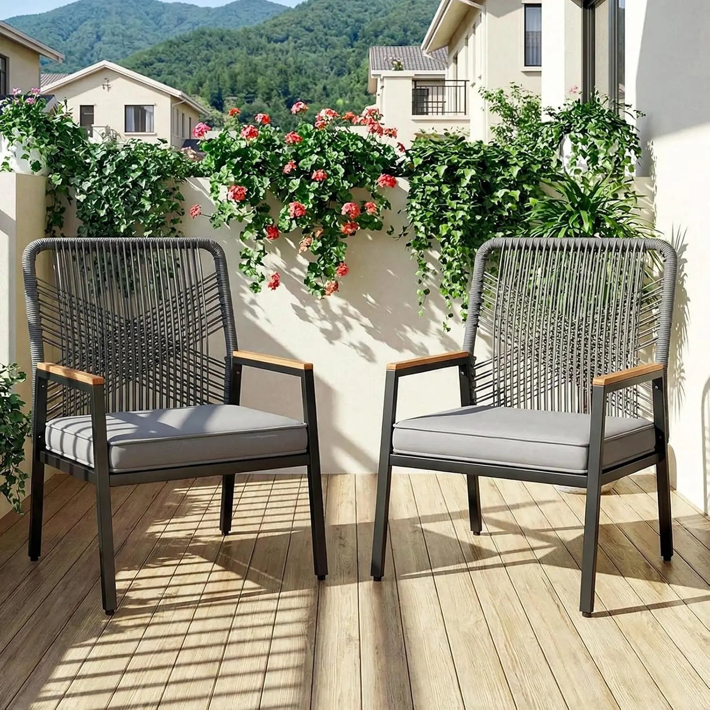 2PCS Garden Rattan Chairs,Patio Chairs,Removable 8 cm Seat Cushion,Up to 160 kg,WPC Armrest,for Balcony,Pool,Restaurant,Terrace