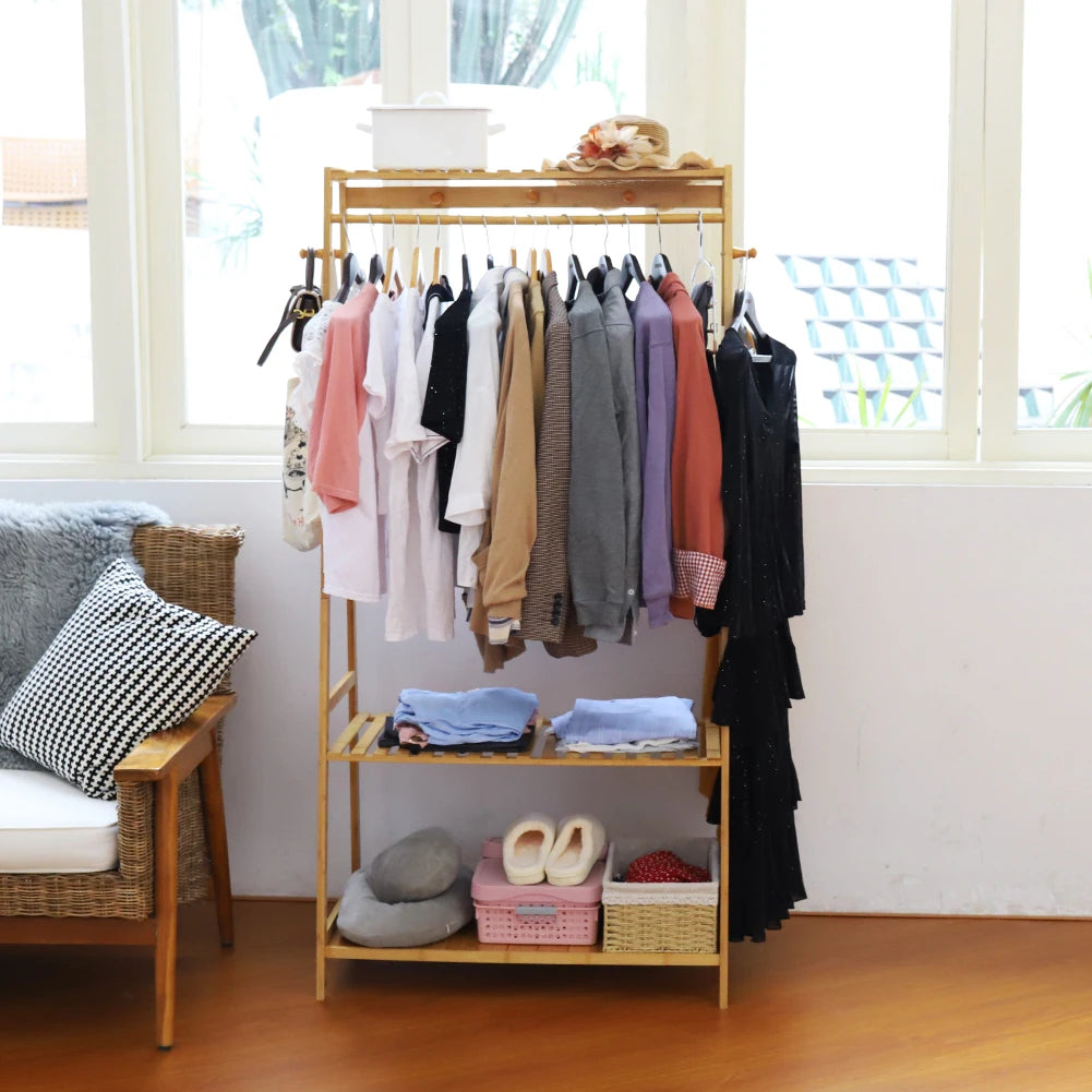Bingopaw Bamboo Heavy Duty Coat Rack With Dual Storage Shelves