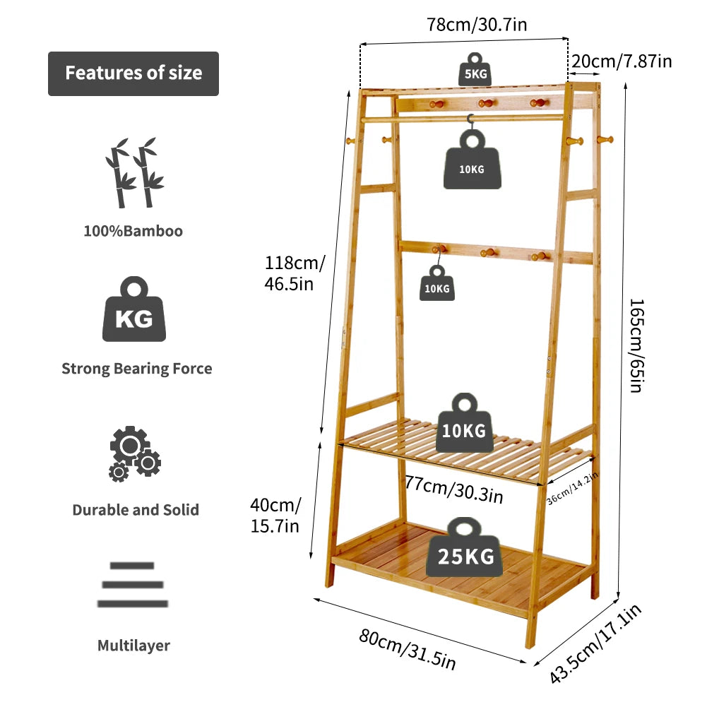 Bingopaw Bamboo Heavy Duty Coat Rack With Dual Storage Shelves