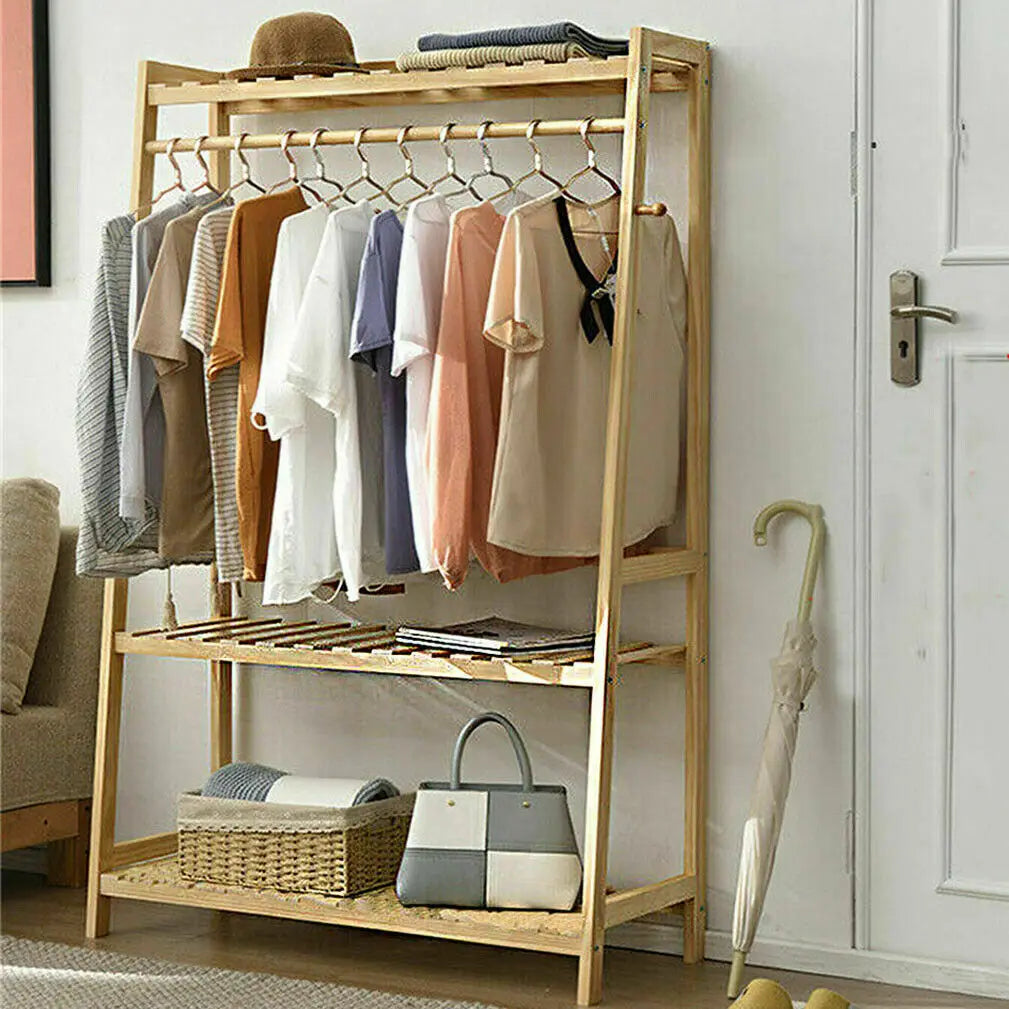 Bingopaw Bamboo Heavy Duty Coat Rack With Dual Storage Shelves