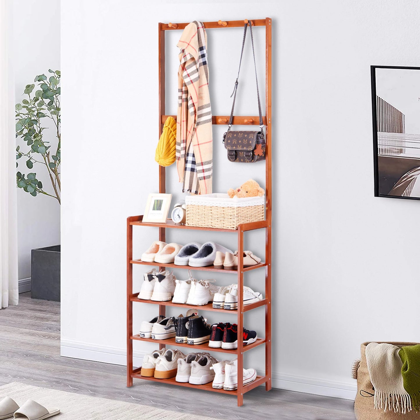 Bamboo Hall Tree Bench With Coat Hooks For Entryway Storage