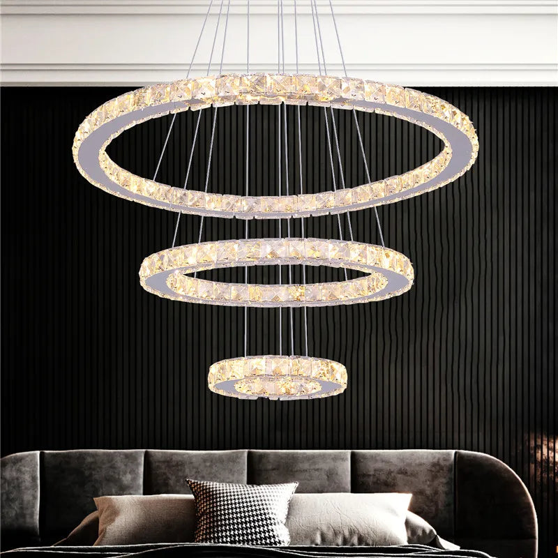 Modern Pendant Light Chandelier K9 Crystal Led Ring Luxury Nordic Ceiling Lamp Lustre Living Dining Room Hall Hang Decor Fixture