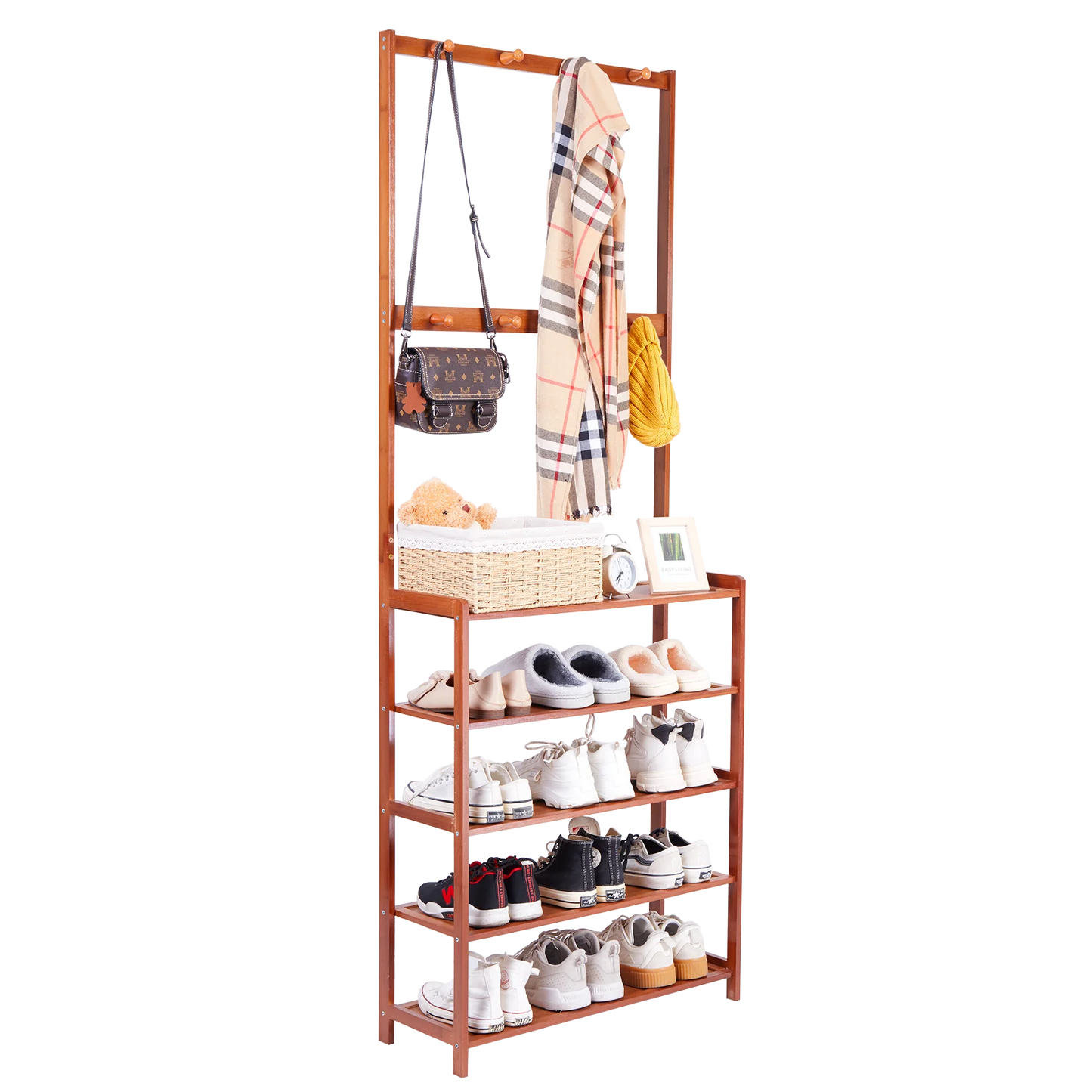 Bamboo Hall Tree Bench With Coat Hooks For Entryway Storage