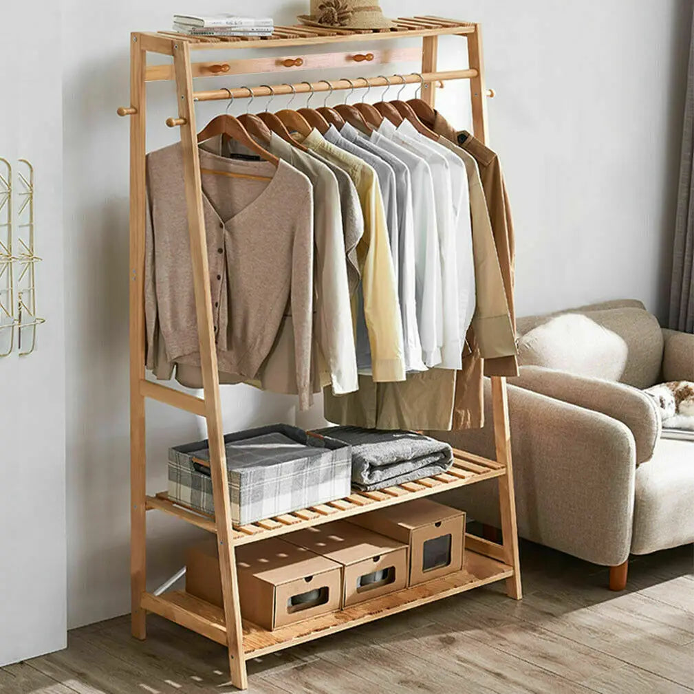 Bingopaw Bamboo Heavy Duty Coat Rack With Dual Storage Shelves