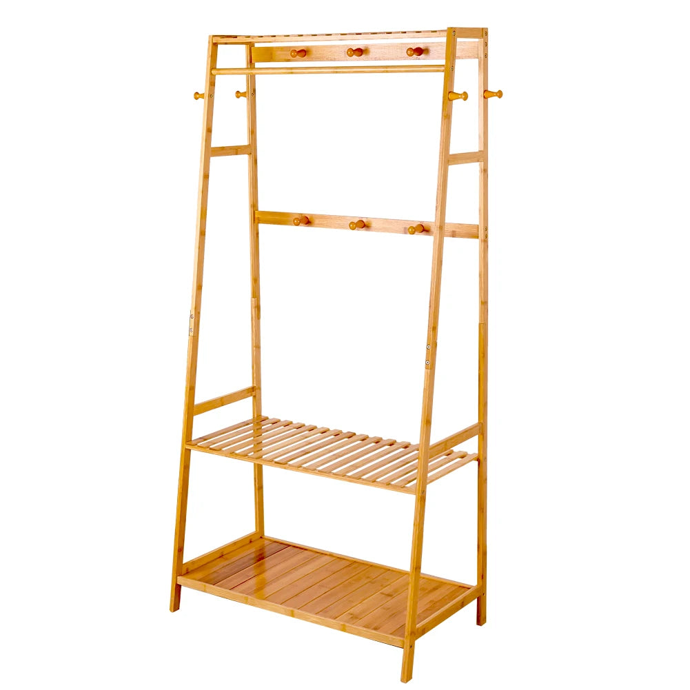 Bingopaw Bamboo Heavy Duty Coat Rack With Dual Storage Shelves