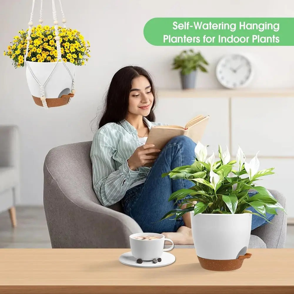 Hanging Planters Indoor Outdoor Plants, 2 Pack Self Watering Hanging Pots, Hanging Plant Baskets with Drainage Holes & 2 Types o
