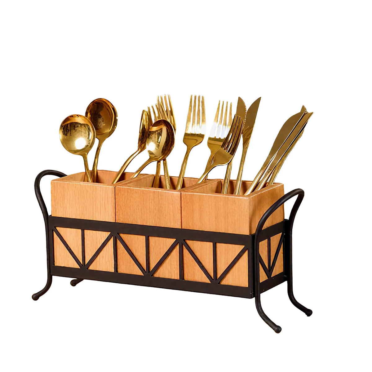 3 Compartment Bamboo Utensil Holder, Detachable Cutlery Organizer with Black Metal Rack for Kitchen Countertop