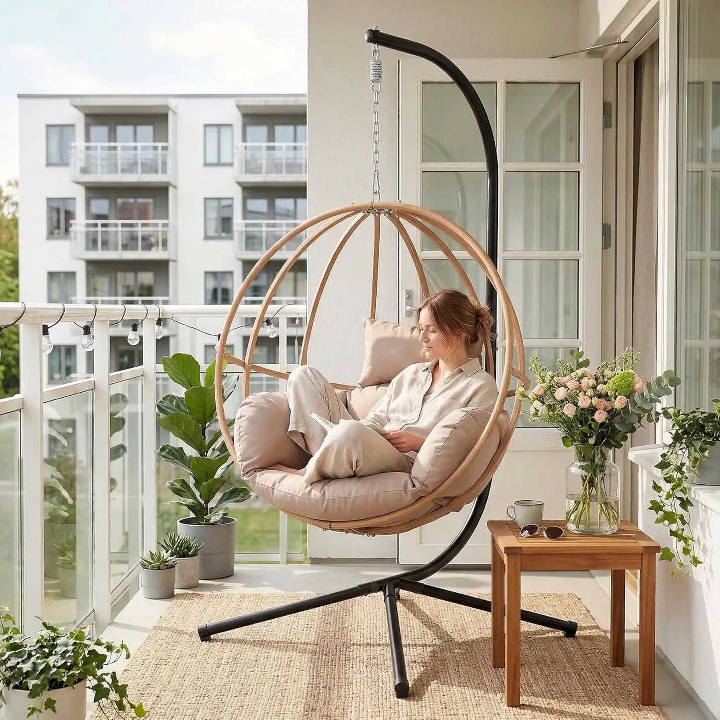 2-Person Outdoor Egg Swing Chair with Cushions Rattan Basket Stand Metal Nest Patio Garden, Customized
